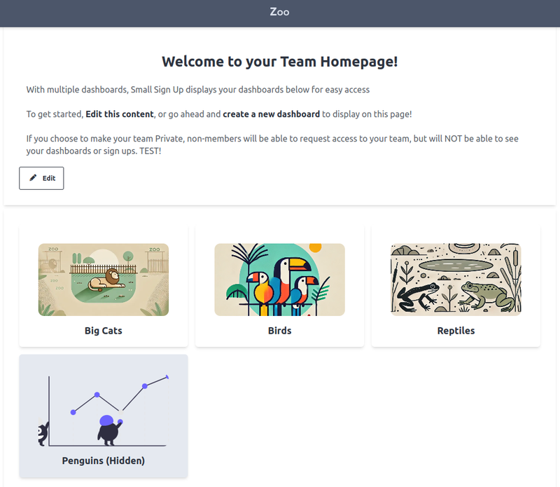 Team home with a hidden dashboard